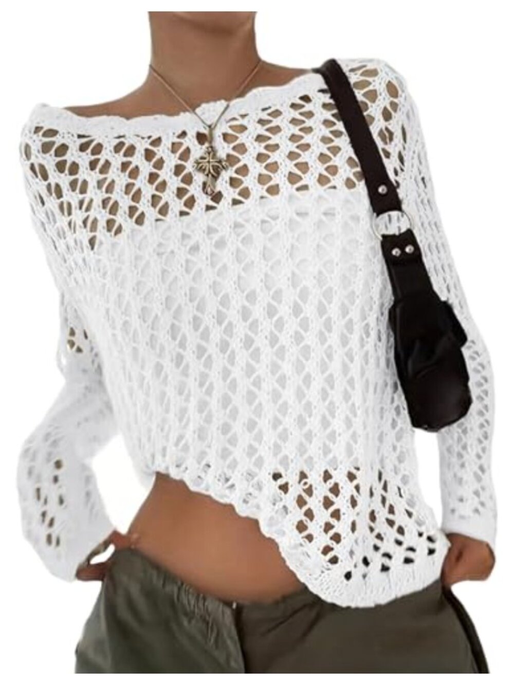 Womens Lightweight Crochet Hollow Out Long Sleeve Pullover Sweater